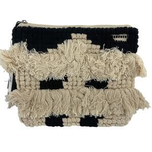 NWT Sondra Roberts Squared Beige Black Fringe Woven Clutch
